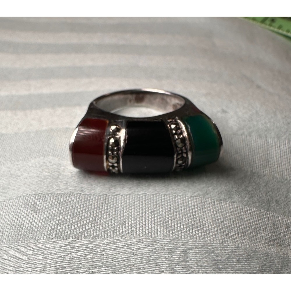 Sterling Silver 3 Stone Marcasite Ring Onyx Green Agate Carnelian